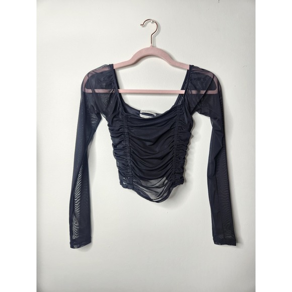 Urban Outfitters Tops - Urban Outfitters Black‎ Mesh Ruched Long Sleeve Square Neck Crop Top